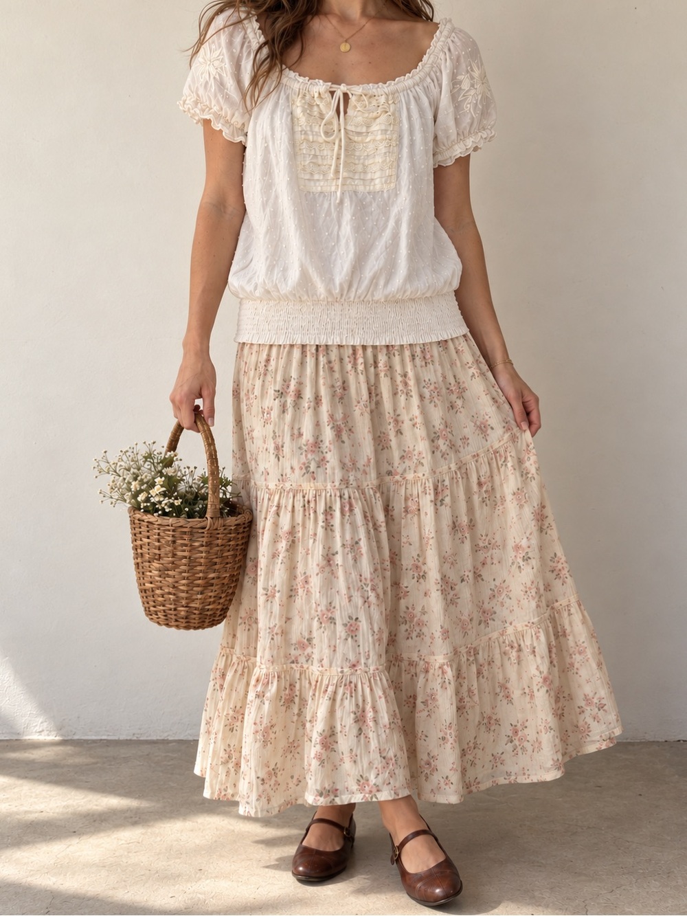 Vintage ANGIE Cream Embroidered Peasant Blouse Boho Top M NWOT